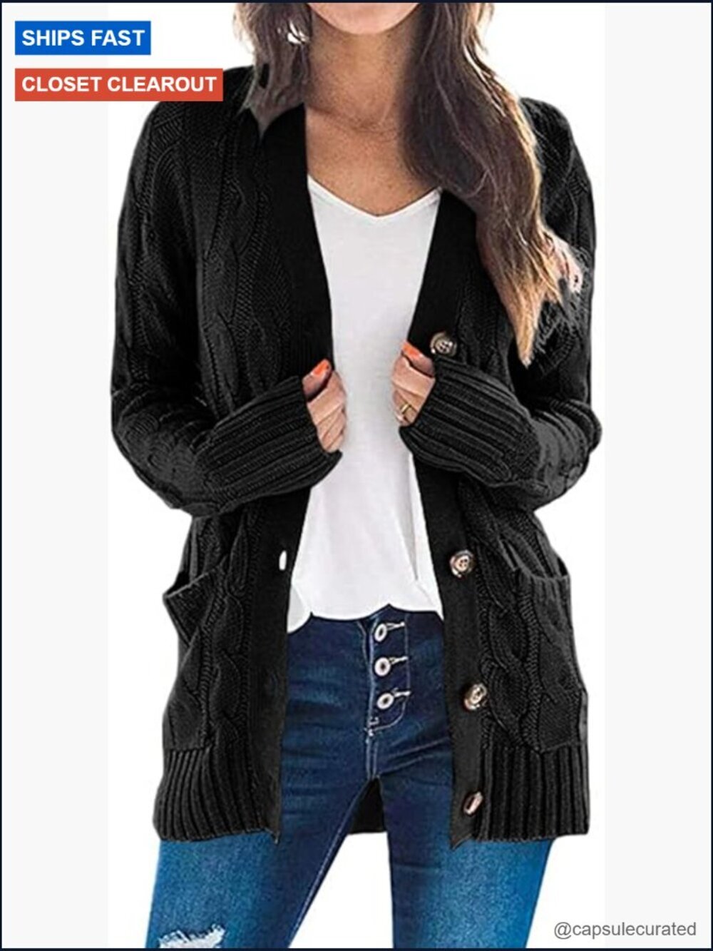 Women's Open Front Cardigan Sweater Cable Knit Chunky Button Down V-Neck Long
